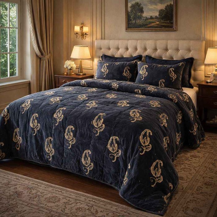 Luxury Velvet Embroidered Bedspread / Razai – Royal Blue