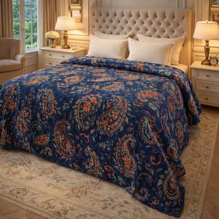 Luxury Velvet Paisley Printed Bedspread / Razai – Royal Blue